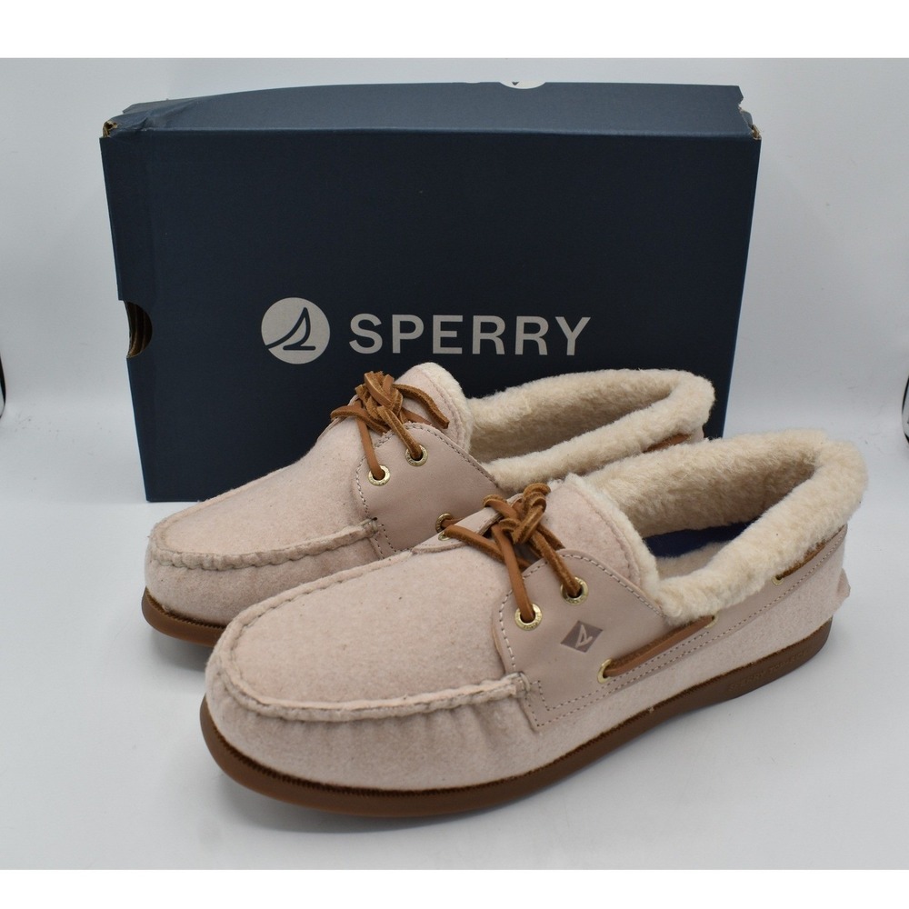 Sperry Women Size 10 AO 2 Eye Lined Faux Shearling Light Pink Suede Boat Shoes